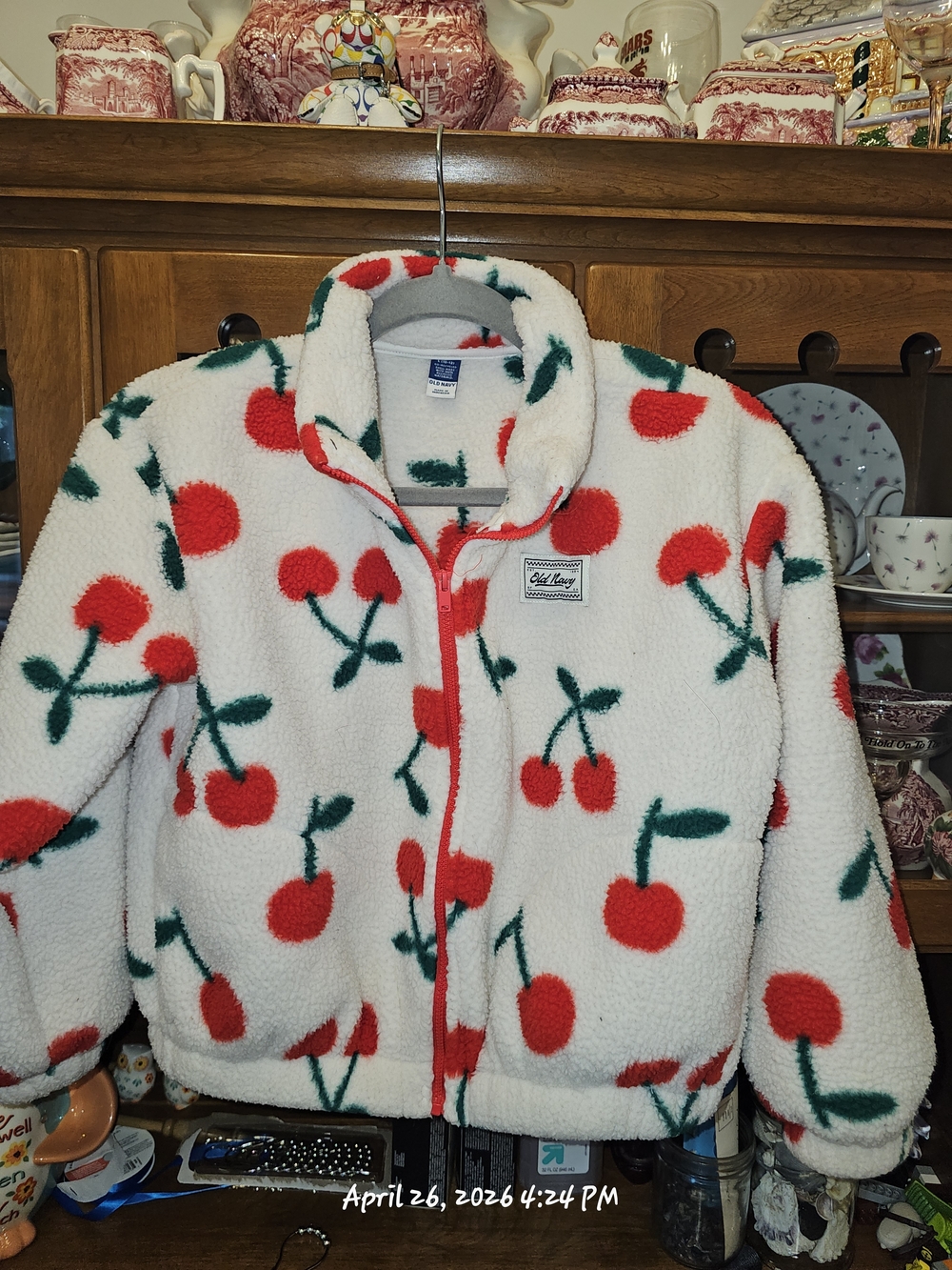 Old Navy White Sherpa Jacket with Red Cherry Print